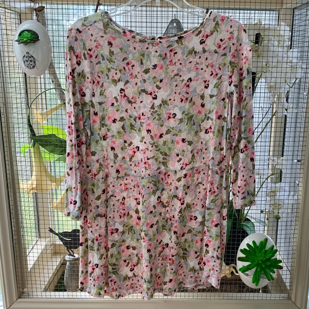J Jill Love Linen Pastel Floral Pink Green Grey Tunic M